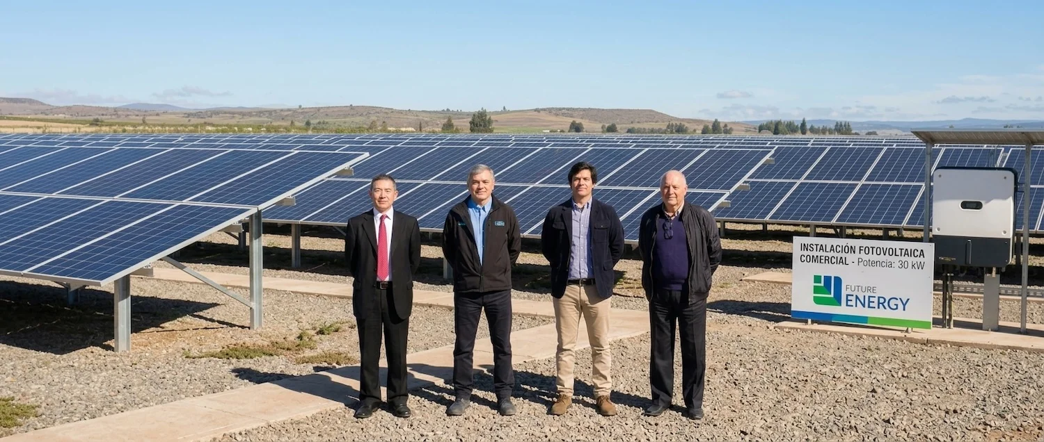 Equipo de Future Energy junto a una instalación fotovoltaica comercial de 30 kW