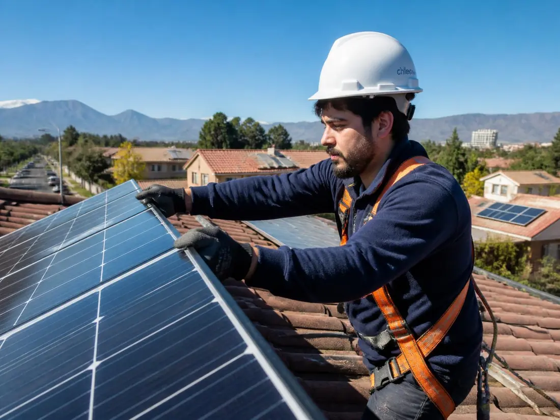Técnico instalador con arnés y casco trabajando sobre techo residencial